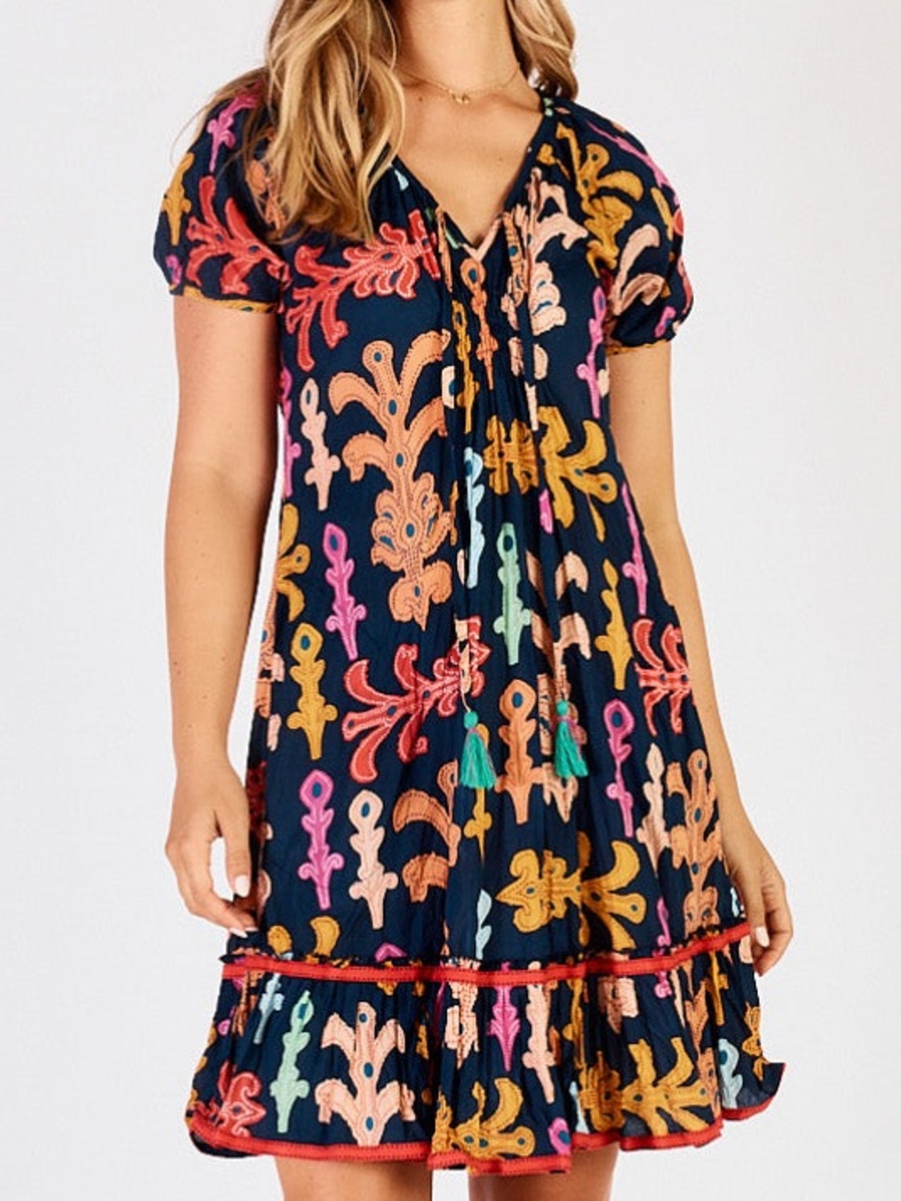 Lula Life 100% cotton XS Olivia abstract multicolor v-neck boho tassel dress